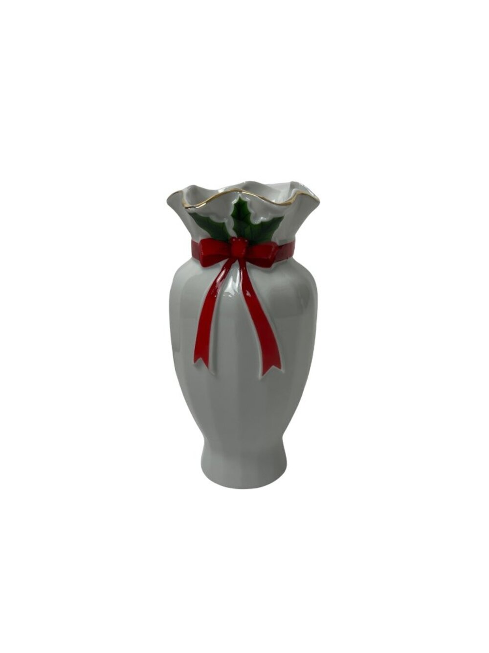 Vintage Mount Clemens Pottery Christmas Vase Holly Red Ribbon
